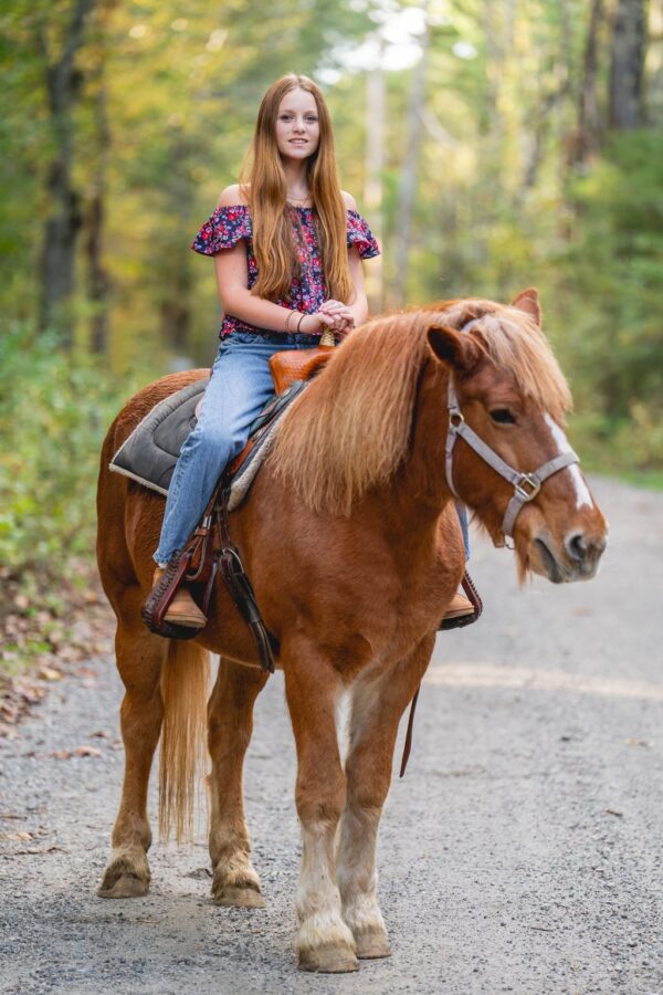 A young woman confidently riding a majestic horse